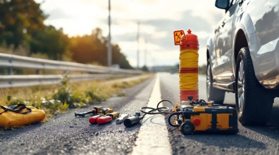 A professional 24 Hour Tow Truck Company Calgary technician using a floor jack to change a flat tire on a busy Calgary roadside at dusk.